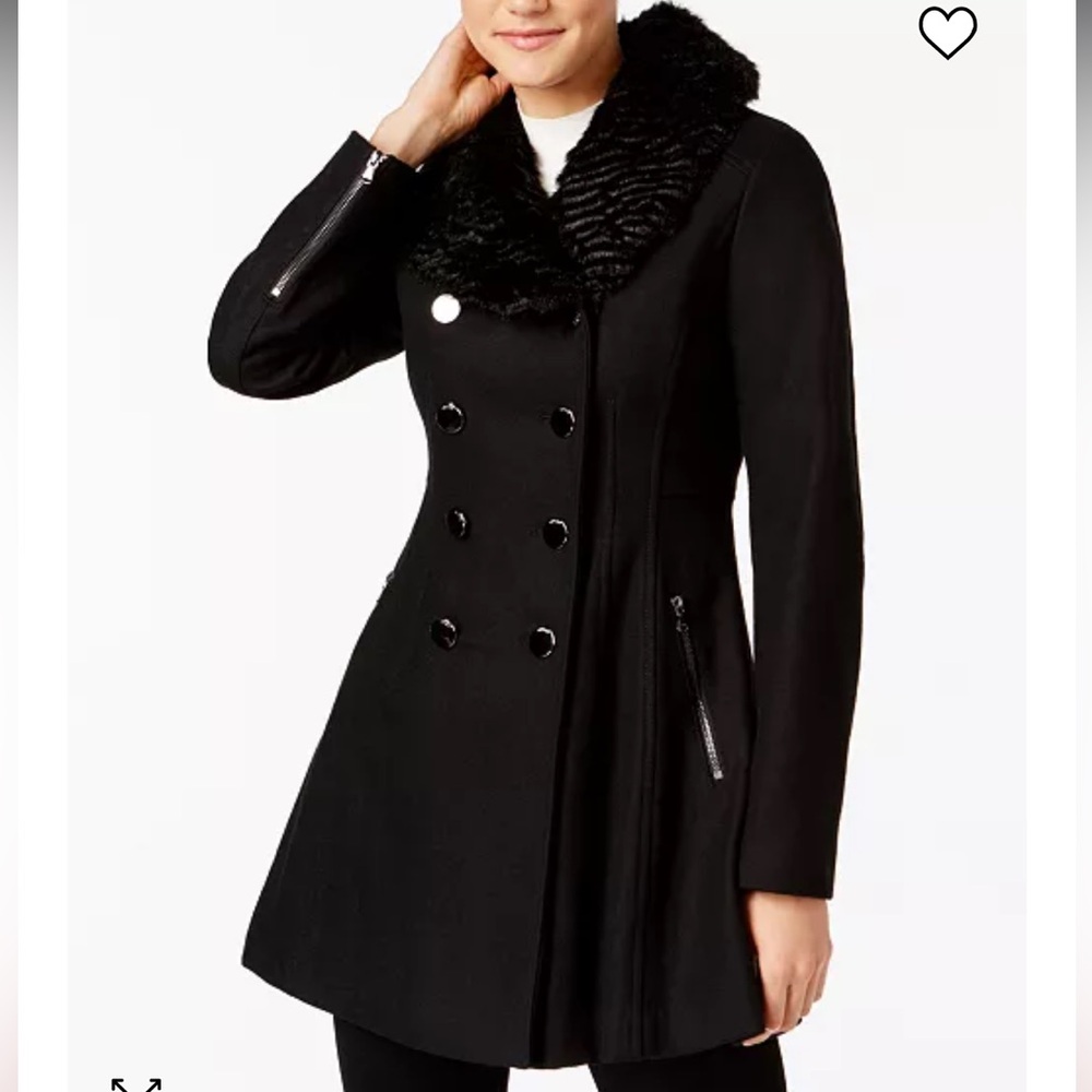 G by Guess Black Pea Coat with Faux Fur Collar